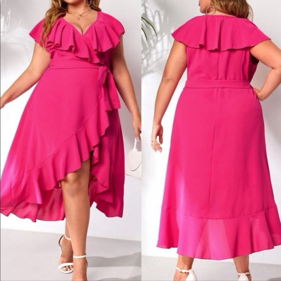 Boho Plus Size Ruffle Hem Wrap Belted Maxi Dress Blue or Pink - Picture 2 of 11